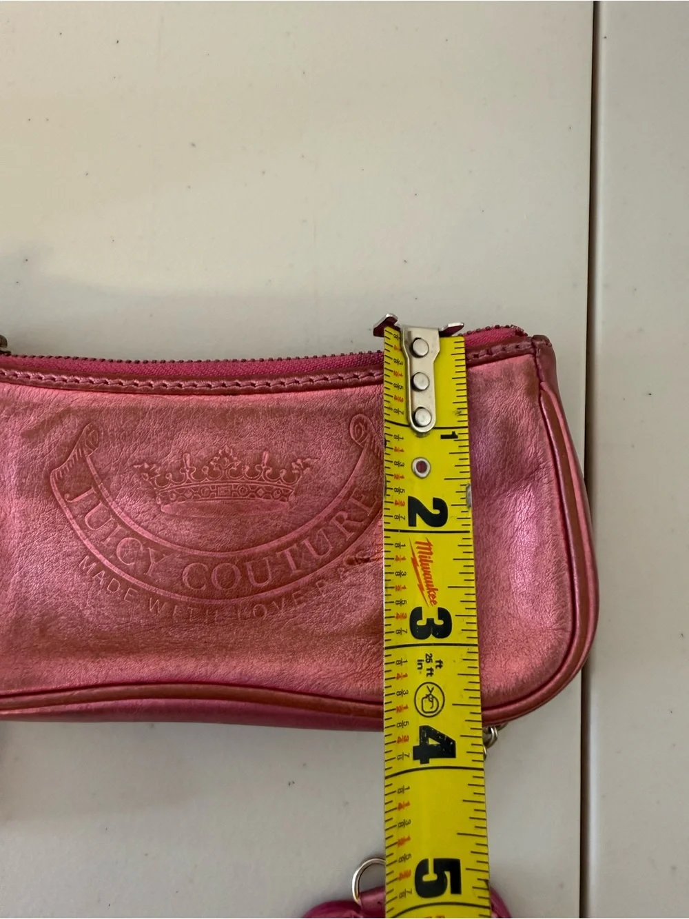 Juicy Couture Y2K Pink Metallic Leather Wristlet Clutch Heart Mirror Charm